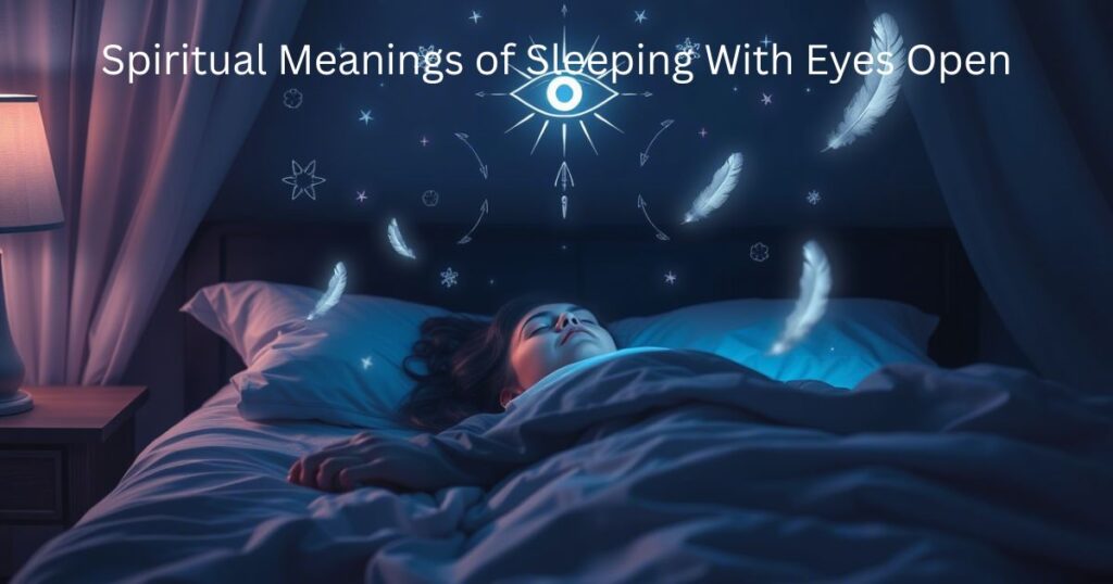 A mystical, dreamlike scene of a person lying peacefully in bed with their eyes open, not afraid, but calm and glowing with inner light. A soft spiritual aura surrounds them. Floating around the person are subtle spiritual symbols — a third eye, glowing stars, feathers, and faint light trails — suggesting higher awareness during sleep. The room is dim, lit with soft blue and purple hues, giving a magical, otherworldly feeling. The overall mood is peaceful, mysterious, and spiritual, symbolizing deep consciousness and a connection to unseen realms even while resting.