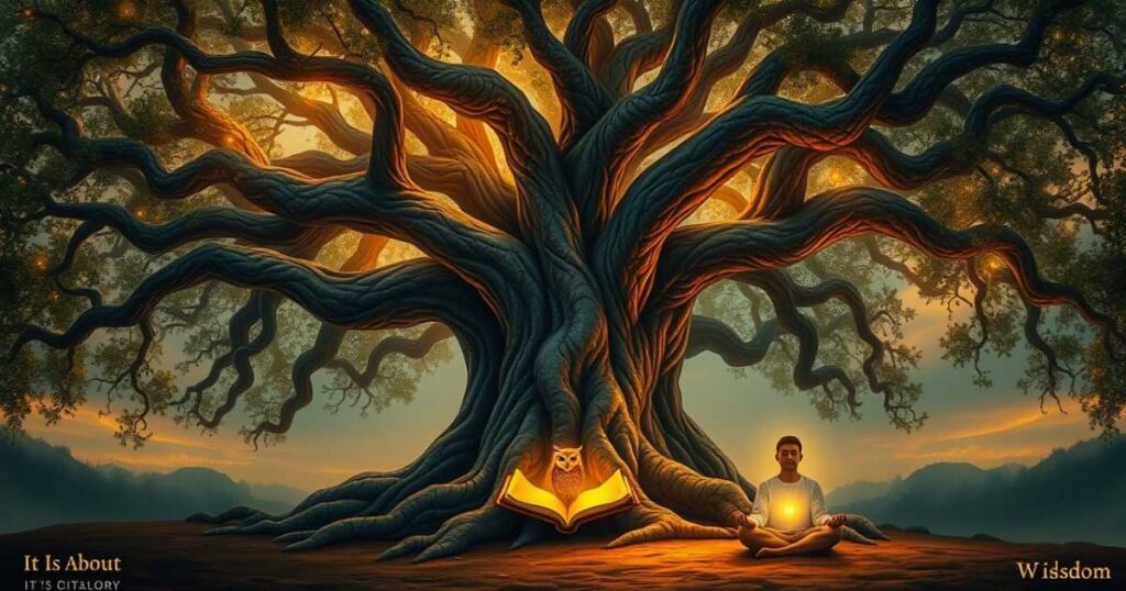 A tranquil, thoughtful scene featuring an ancient tree with deep roots and wide branches, bathed in soft golden or twilight light. An open book, owl, or glowing lantern sits at the tree’s base, symbolizing timeless knowledge and inner wisdom. A calm figure sits nearby in meditation or reflection, with subtle light emanating from their heart or mind. Use earth tones, gold, and deep blue hues to convey depth and insight. Add the title “It Is About Wisdom” in a refined, classic font at the top or bottom.