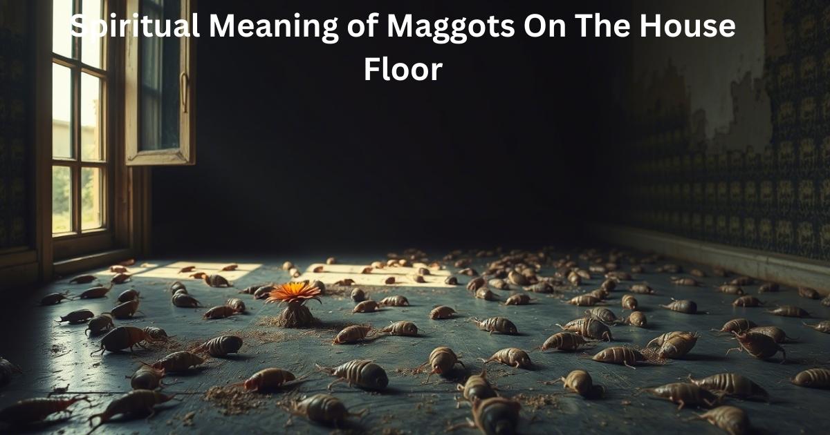 A symbolic illustration of a dimly lit room with a few maggots on the floor, illuminated by a soft beam of light from an open window. The light reveals a path leading to a blooming flower or a glowing orb, symbolizing transformation and renewal. The atmosphere should convey a sense of introspection and the transition from decay to growth. Use muted tones with highlights of gold or white to represent hope and spiritual awakening.