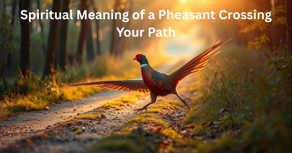 A peaceful and symbolic digital illustration of a vibrantly colored pheasant gracefully crossing a quiet forest path or country trail at dawn. Light filters through the trees, casting a soft, golden glow on the pheasant, highlighting its iridescent feathers—especially the reds, greens, and golds. The moment should feel still and sacred, as if time has paused for a spiritual message. Include subtle ethereal elements like faint light trails, sparkles, or a soft aura around the bird to indicate divine presence or a spiritual sign. The background may show a fork in the path or open fields beyond, symbolizing choices and new beginnings. Use a warm, earthy, and slightly mystical color palette with amber, forest green, and sunrise tones. The overall mood should be serene, meaningful, and quietly magical—capturing the spiritual significance of an unexpected encounter with a pheasant.