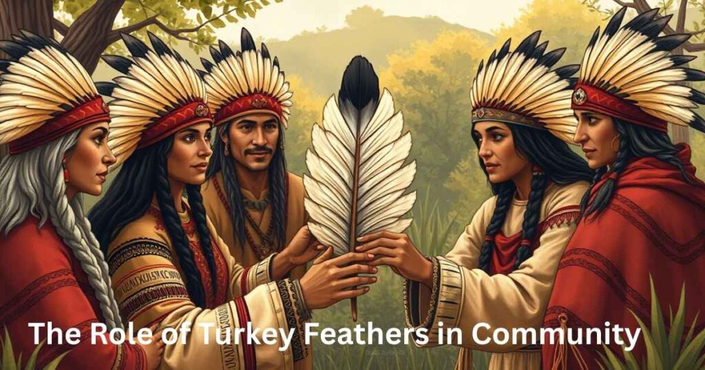 A rich, educational illustration showcasing the use of turkey feathers across various cultures. Display a central, detailed turkey feather surrounded by cultural symbols or scenes that represent different traditions—such as Native American headdresses, ceremonial fans, or spiritual tools, alongside other cultural uses like indigenous artwork, folk costumes, or rituals. Each representation should be distinct yet harmonious, arranged in a circular or mosaic layout to reflect global diversity and unity. Use a balanced, earthy color palette with natural tones—browns, reds, golds, and muted greens—to honor the sacred and respectful use of the feather. The image should feel informative, respectful, and inclusive, suitable for highlighting the multicultural significance of turkey feathers.

